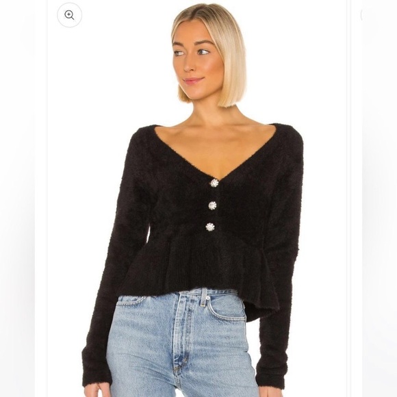 LPA Molly Fuzzy Eyelash Peplum V Neck Cardigan Crystal Buttons Black L - Picture 1 of 12